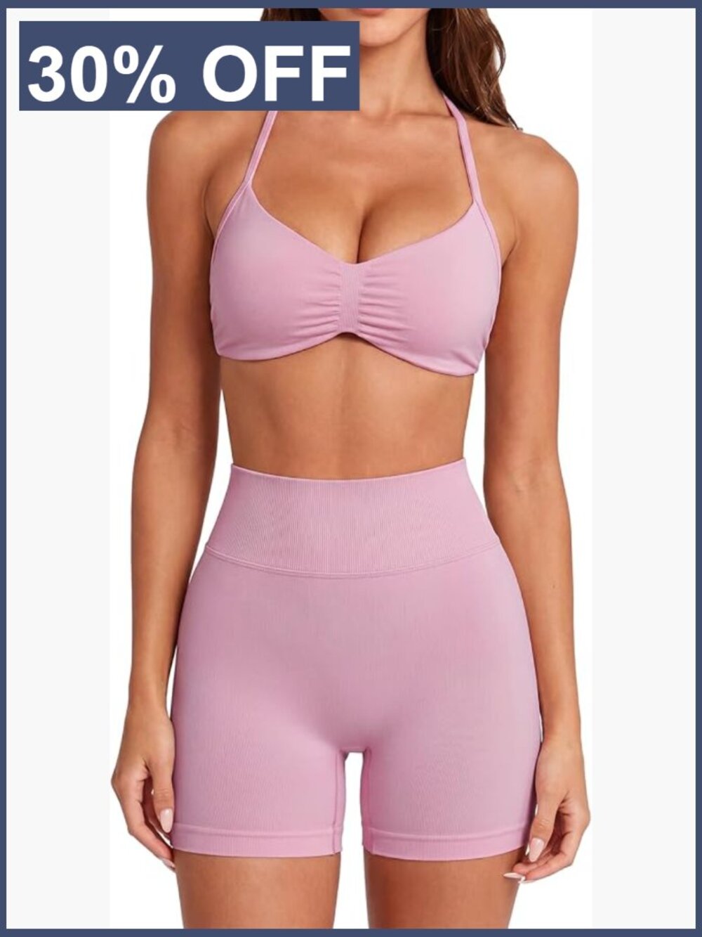 Women 2 Piece Workout Sets Halter Neck Padded Sports Bra Seamless Hidden